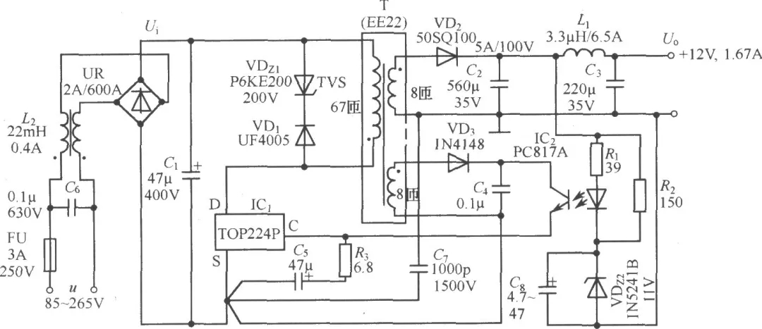 TOP224P構(gòu)成的12V、20W開關(guān)直流穩(wěn)壓電源電路